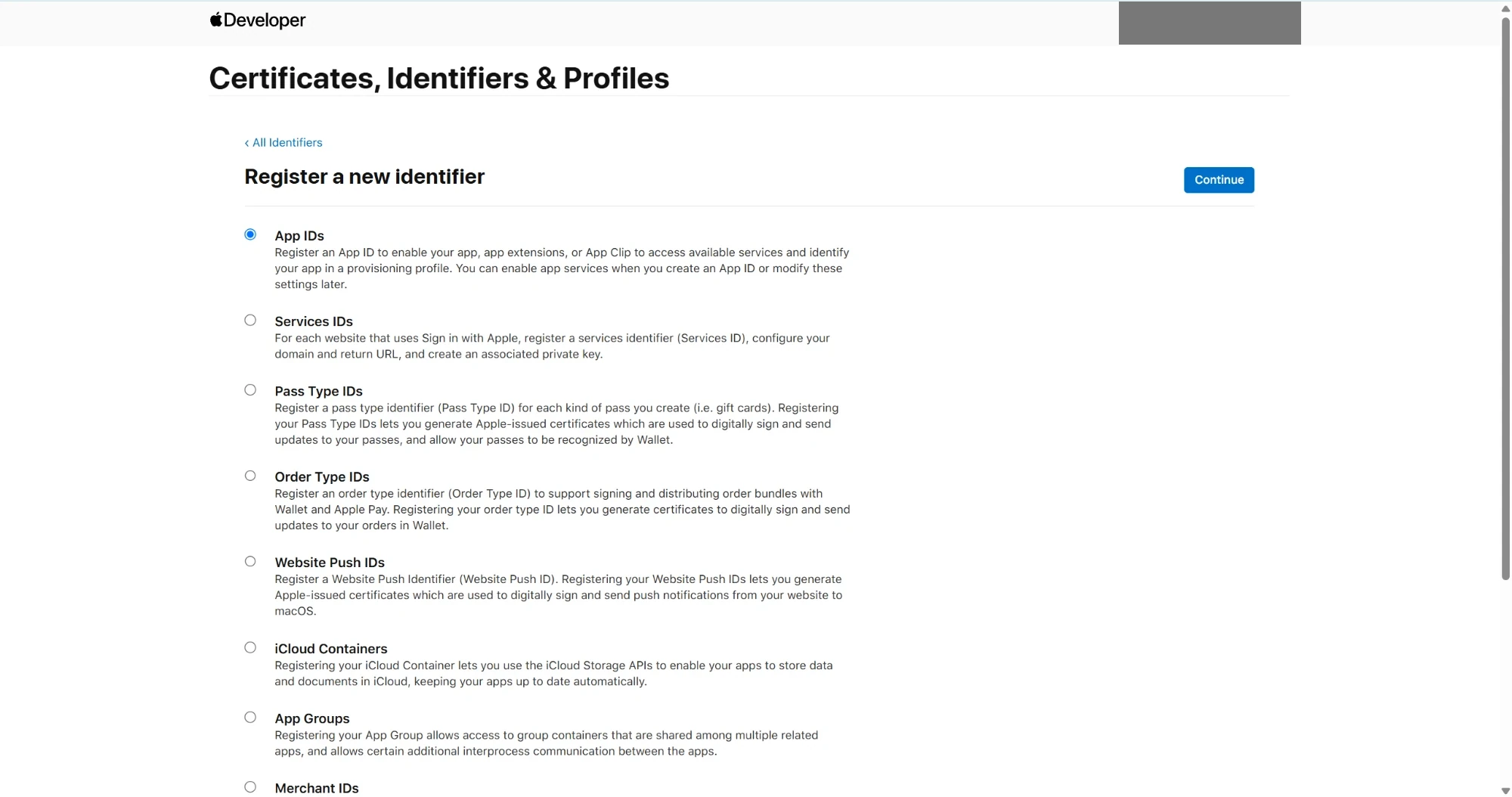 Certificates, Identifiers & Profiles 的注册新标识页面