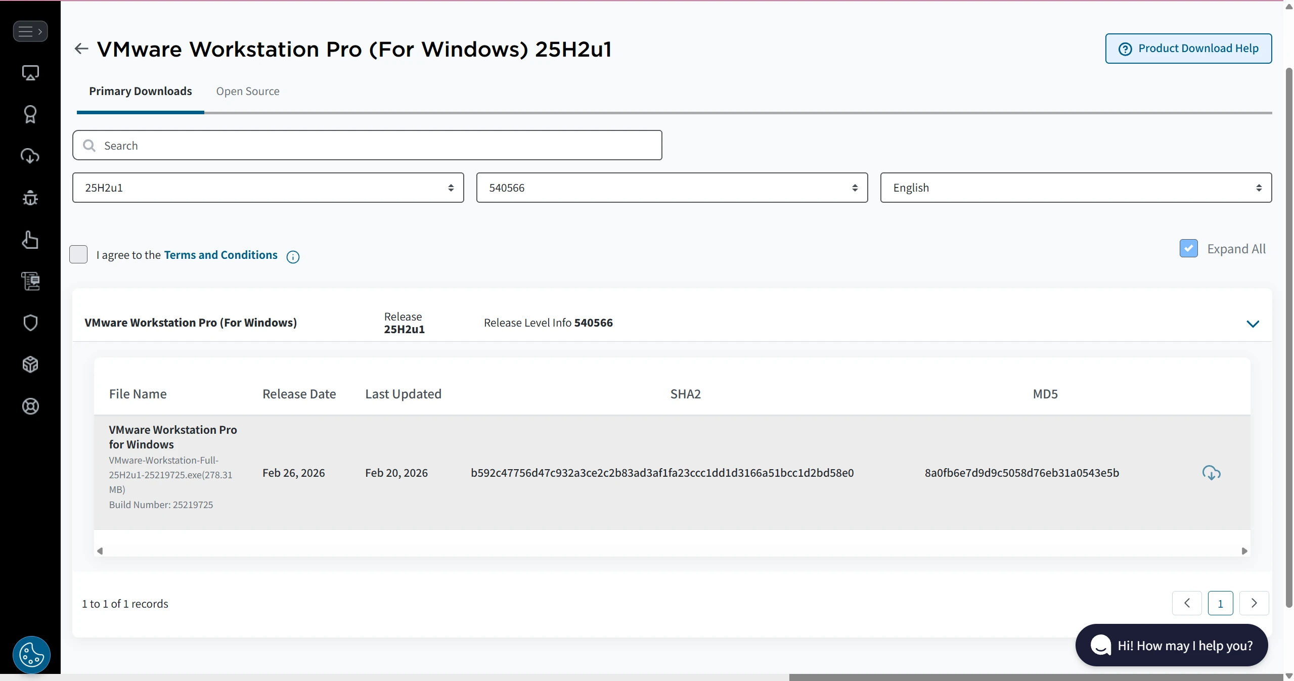 VMware 25H2u1 安装程序下载页面